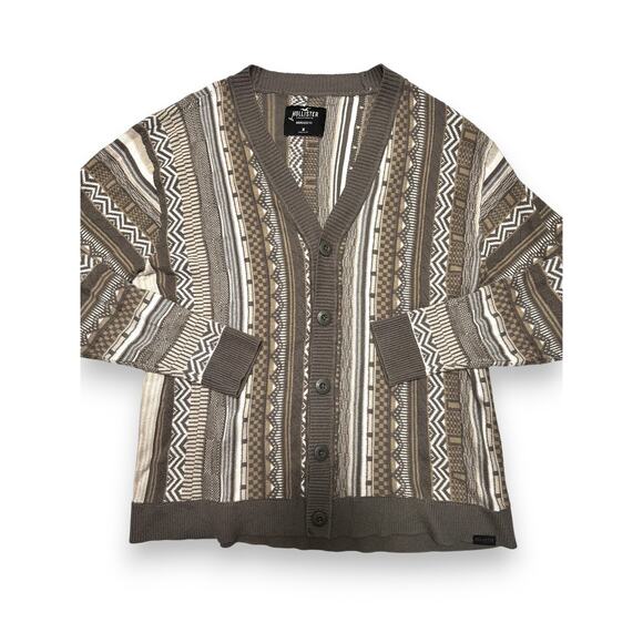 Hollister Oversized Geometric Striped Gray Knit Cardigan Size Medium - Picture 3 of 12